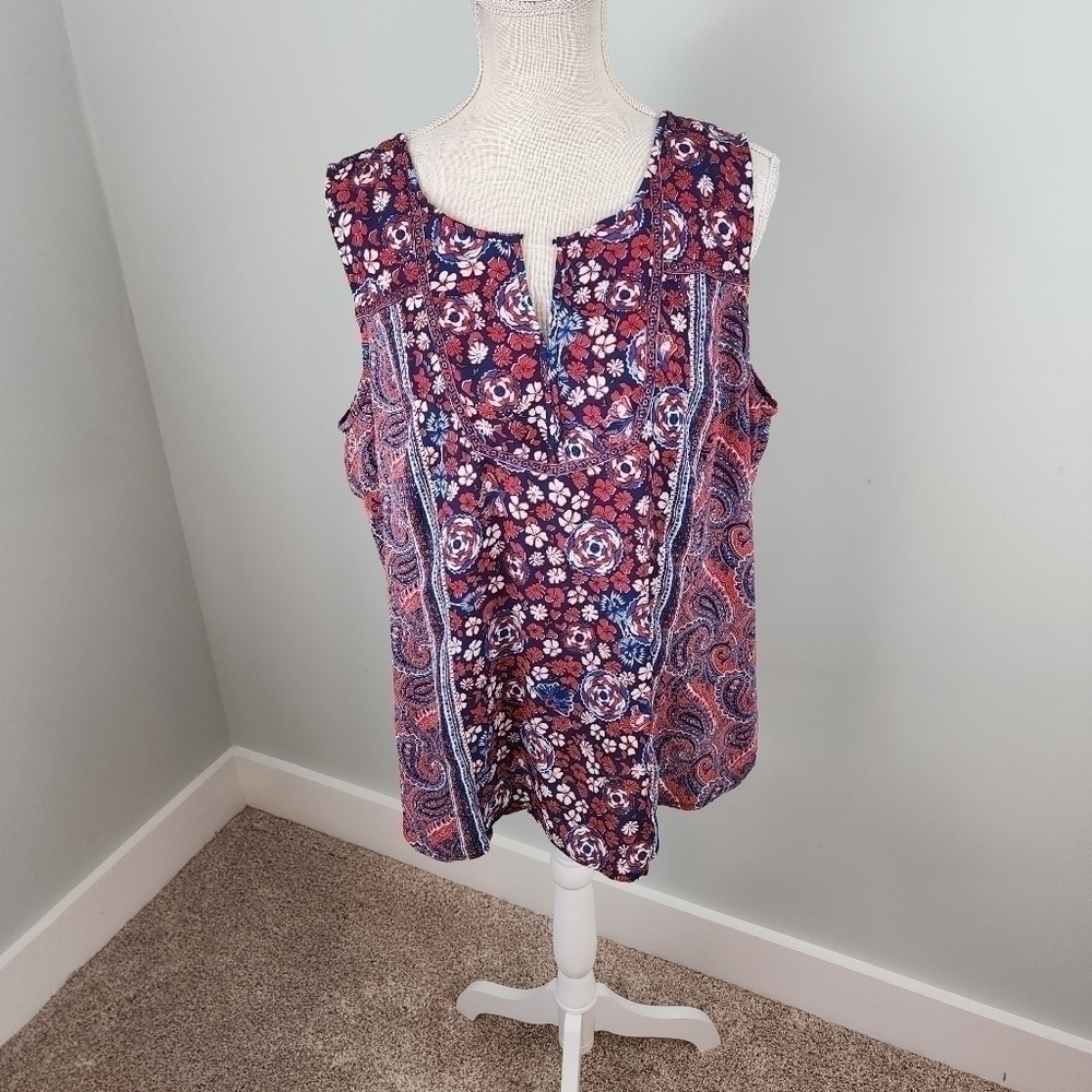 Westport Women’s Sleeveless Keyhole Neckline Floral Blouse Red Blue Size XL